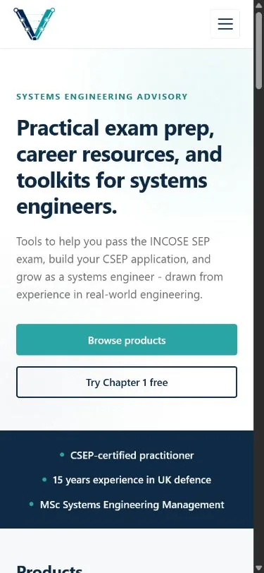 Systems Advisory homepage showing its mobile navigation and introductory content